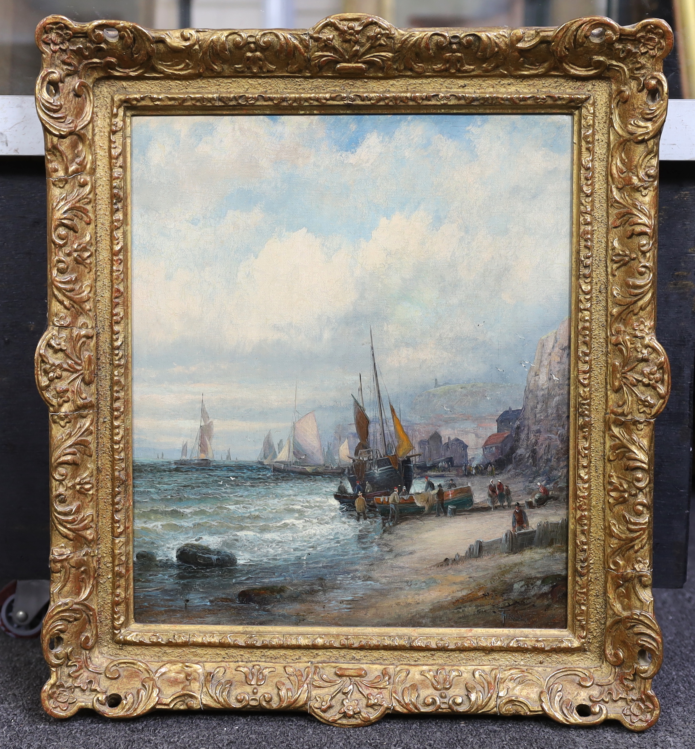 Hubert Thornley (William Anslow Thornley) (fl.1859-1898), Fisherfolk along the coast at Whitby by day and night, oils on canvas, a pair, 35 x 30cm